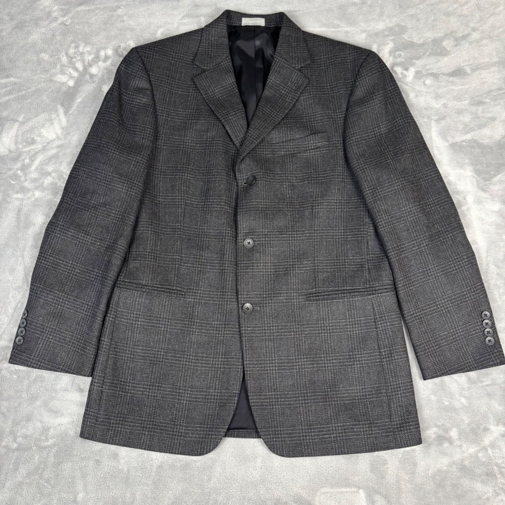 Geoffrey‎ Beene Mens Lambswool Blazer 40R Gray Plaid Sport Coat 3 Buttons Jacket